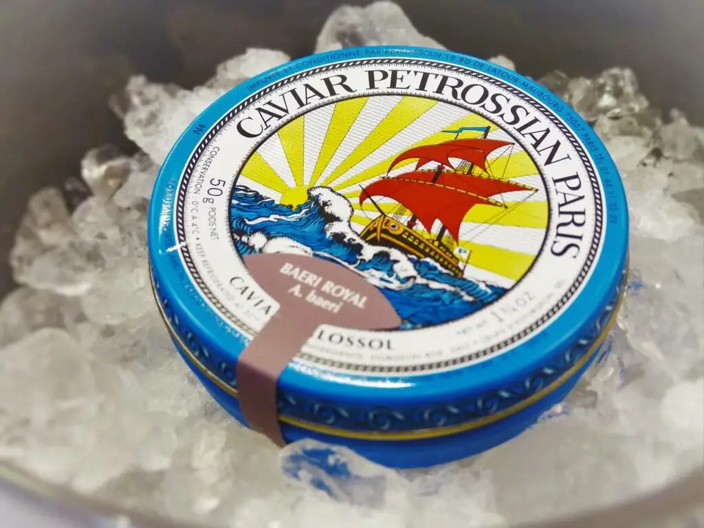 Petrossian caviar stored on ice in the original tin