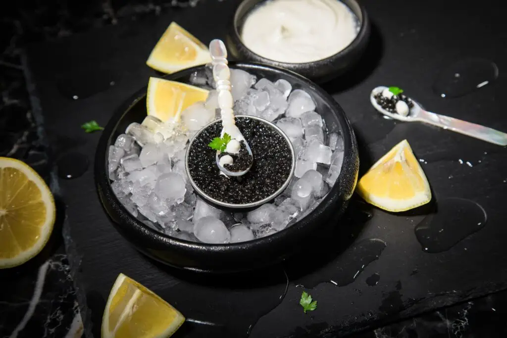  Black caviar served in a bowl with ice